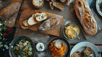 Poster -  a wooden table topped with lots of different types of breads and bowls of different types of food next to each other.