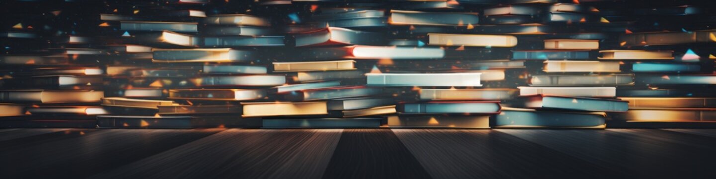 Contemporary banner background of random piles of books with soft, light and blurred background,  