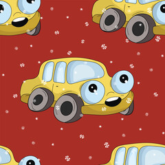 Seamless pattern with cute car on color background. Cartoot transport. Vector illustration. Doodle style. Design for baby print, invitation, poster, card, fabric, textile