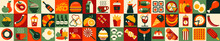 Set Of Colorful Icons Related To Food And Drinks. Abstract Food And Drink Geometric Pattern. Mosaic Style. Collection Of Food Icons. Vector Illustration