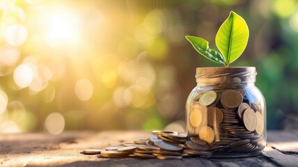 Plant sprouting from a jar of coins, illustrating investment and savings growth