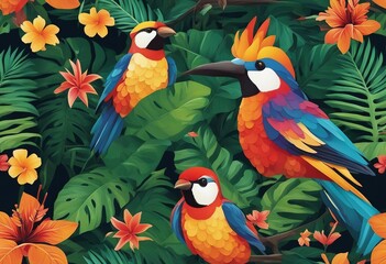 Wall Mural - Seamless pattern background influenced by the organic forms and vibrant colors of tropical rainforest with several different colorful birds