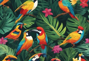 Wall Mural - Seamless pattern background influenced by the organic forms and vibrant colors of tropical rainfores with birds