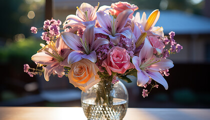 Sticker - Romantic bouquet of fresh pink flowers on table generated by AI