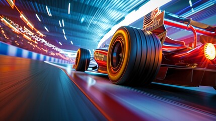 Sticker - Racer on a racing car passes the track. Motion blur background. 3D rendering