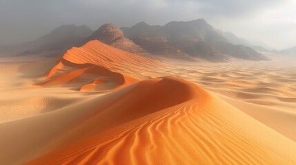 Sticker -  a desert landscape with sand dunes and mountains in the distance with a cloudy sky in the middle of the picture.