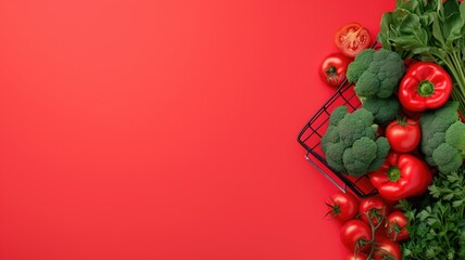 Wall Mural - Basket of fresh vegetables on red background