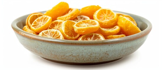 Wall Mural - Cut dried kumquat fruits in a bowl, isolated on a white background.