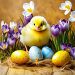 Easter chick with colorful Easter eggs and crocuses