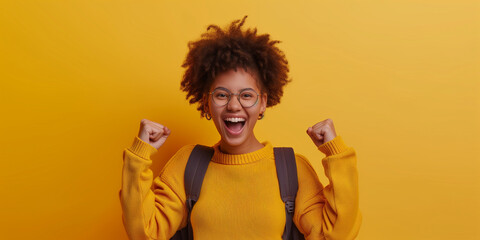 Poster - A dream comes true a black woman really happy for a big good news with yellow background