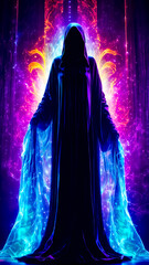 Sticker - Man standing in front of purple and blue fire and ice background.