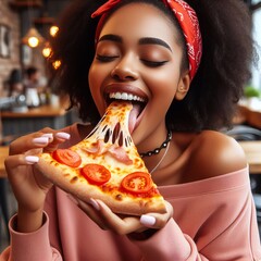 Wall Mural - Woman eating pizza 