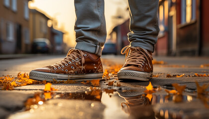 Wall Mural - Young adults jogging outdoors in autumn, wearing casual clothing and sports shoes generated by AI