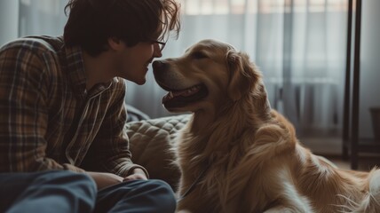 Wall Mural - Affectionate moment between a golden retriever and its owner indoors