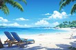 Serene tropical beach. palm leaves and flowers, white sand, turquoise ocean, sun loungers