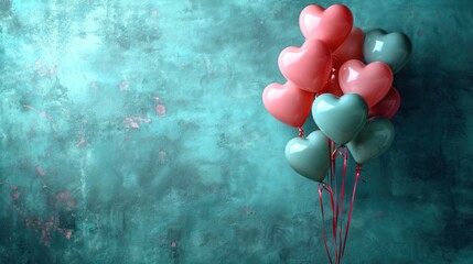 Sticker -  a bunch of heart shaped balloons floating in the air on a blue and green background with pink speckles.