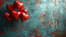  A Bunch Of Red Heart Shaped Balloons In Front Of A Grungy Wall With A Blue Pattered Background.