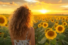 Girl With Curly Hair Admiring A Field Of Sunflowers At Sunset
