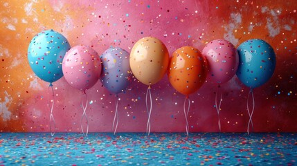 Wall Mural -  a group of balloons floating in the air with confetti and sprinkles on a pink, orange, and blue background.