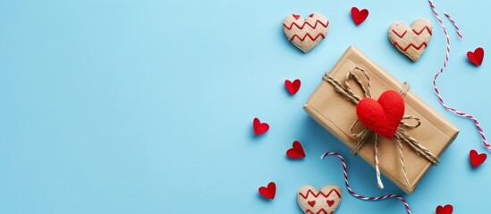 Wall Mural - Valentine's Day celebration with handmade craft hearts and gift box on blue background.