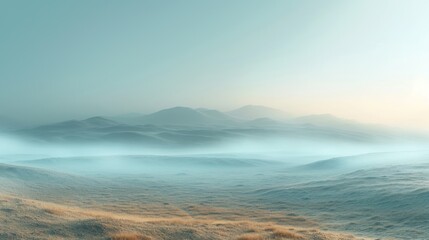 Sticker -  a view of a foggy mountain range from the top of a hill in the foreground, with a few hills in the distance.