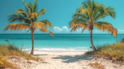 Poster -  a couple of palm trees sitting on top of a beach next to a body of water with a blue sky in the background.