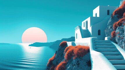 Poster -  a painting of a house on a cliff next to a body of water with stairs leading up to the water's edge.