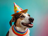 Fototapeta Koty - happy dog with birthday party hat generative AI