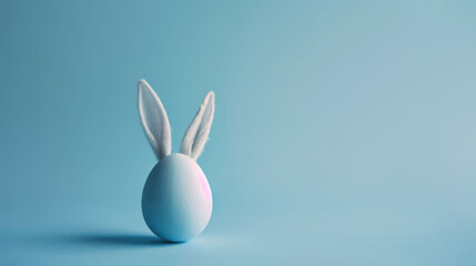 Poster -  a blue egg with a white bunny's ears sticking out of it's side on a blue background.