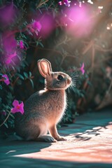  a small rabbit sitting on the ground in front of a bush with purple flowers in the foreground and the sun shining on the ground.