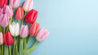 Kwiatowe błękitne minimalistyczne tło na życzenia z okazji Dnia Kobiet, Dnia Matki, Dnia Babci, Urodzin czy pierwszego dnia wiosny z tulipanami. Szablon na baner lub mockup. 