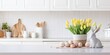 Stylish kitchen with Easter-themed decorations and white countertops.