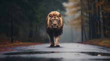 A Wild Lion In The Middle Of A Road. A Car Behind.
