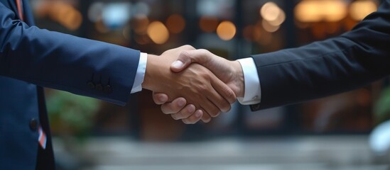 Poster - Two business men in suits are shaking hands in agreement, captured in a photo.