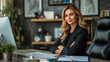 © Daniel L - Business woman sitting in her office. She is wearing a black suit jacket and her arms are folded. She is smiling. Portrait of a CEO or supervisor.