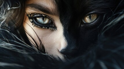 Poster -  a close up of a woman's face with a cat's eye and black feathers on her head.