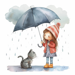 Wall Mural - Little girl with her cat holding an umbrella in the rain watercolor paint 