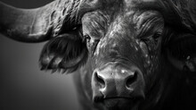  A Black And White Photo Of A Bull's Head With Very Long Horns And Wrinkled Fur On It's Ears.