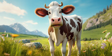 Cute Cartoon Cow Illustration In The Green Field Of Nature 