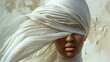  a close up of a mannequin's head wearing a white turban with hair blowing in the wind.