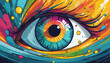 colorful eye with splashing color in flat 2d cartoon style