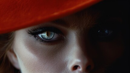 Poster -  a close up of a woman's face with blue eyes and a red hat on top of her head.