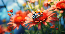 Close Up Macro Shot Of Lady Bug In Spring. Amazing Colors Of Nature.
