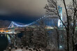 Lions Gate Bridge, Stanley Park, Vancouver, British Columbia. Long Exposure at night in winter with snow.
