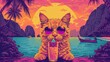 A cat wearing sunglasses and a hat sitting on the beach with an orange drink, AI