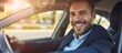 © The 2R Artificiality - Smiling man in suit driving a car successfully.
