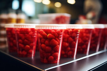 Close Up Plastic Cups With Strawberries On Shelf On Store Counter. Healthy Ready To Go Snack To Take Away From Berries In Glass
