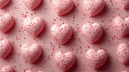 Sticker -  a group of pink heart shaped marshmallows with sprinkles on a pastel pink background.