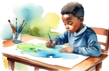 black boy drawing in album at table, watercolor illustration. creative hobby, doing homework