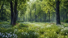  A Painting Of A Forest Filled With Lots Of Green Trees And White And Pink Wildflowers In The Foreground.